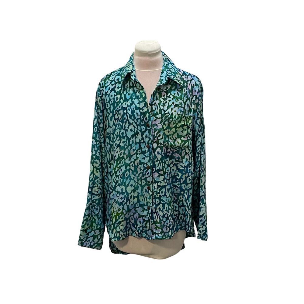 GO FISH Teal Green Leopard Batik Button Up Collared Blouse Top Medium Resortwear